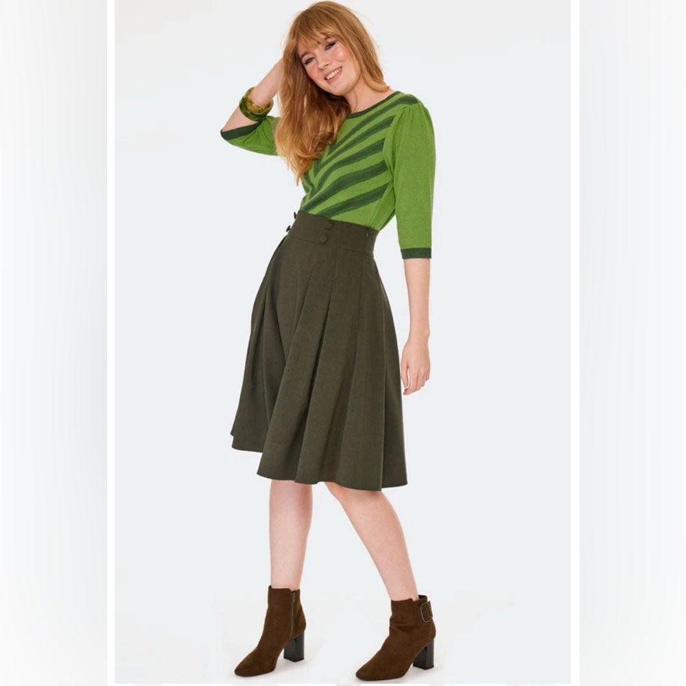 NWT Voodoo Vixen Vintage 50s Inspired A Line Midi Olive Green Skirt 12/14 (US)